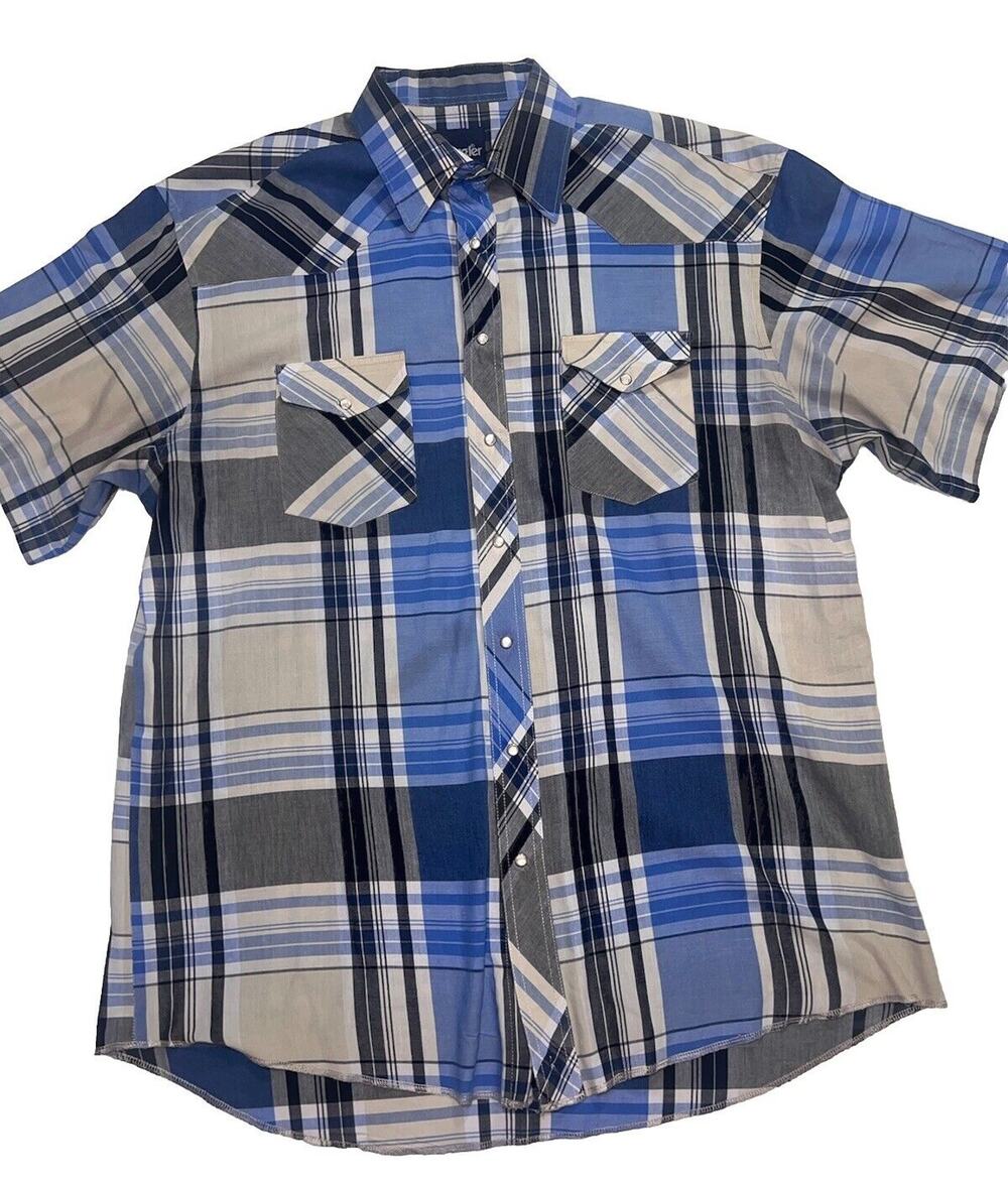 WRANGLER Shirt Men's Size 17 TALL Blue Plaid Pearl Snaps Short Sleeve Cowboy